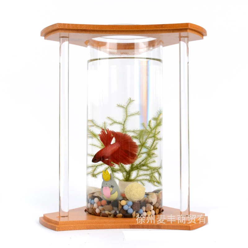 Creative Bamboo and Wood Ecological Fish Tank Desktop Mini Aquariums Glass White 500ml