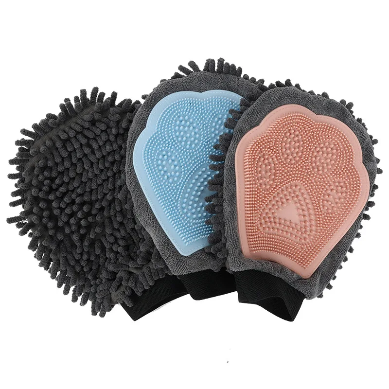 Cross border Chenille & TPR Elastic Pet Bath Gloves Double sided Cleaning Massage Brush for Dogs and Cats Bathroom Use