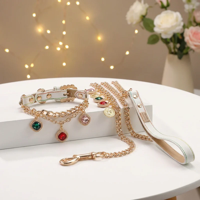 Crystal Pet Collar Leash Set Rhinestone Dog Necklace Gold Chain Jewelry for Small Dogs Cats Boutique