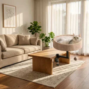 Custom 360 Rotating Cat Desk Bed Manufacturer Adjustable Height Round Cat Nest Space Saving Pet Furniture for Office Desk