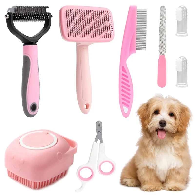 Custom 8PCS Dog Brush Grooming Set Cat Self cleaning Kit With Nail Clippers Files Flea Comb Toothbrush Pet Shampoo Bath Brush