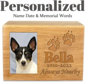 Custom Bamboo Pet Cremation Urn with Photo Frame Engraved Memorial Ashes Box for Dog Cats