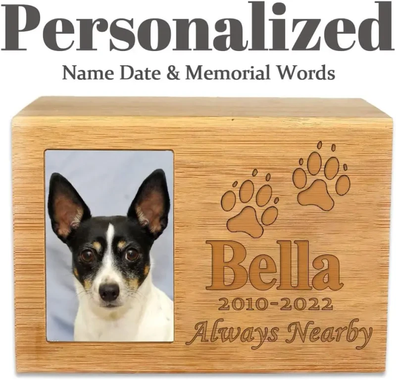 Custom Bamboo Pet Cremation Urn with Photo Frame Engraved Memorial Ashes Box for Dog Cats