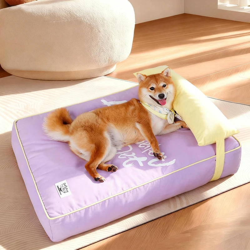 Custom Canvas Large Cooling Dog Bed with Pillow Pet Sleeping Pad for Indoor Cats with Removable Washable Cover