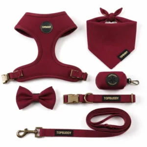 Custom Classic Solid Color Pet 6 in 1 Set Luxury Dog Harness Leash Collar Bandana Bowtie Poop Bag Holder Factory