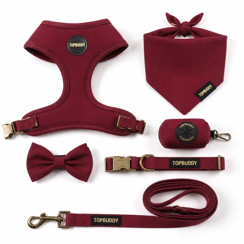Custom Classic Solid Color Pet 6 in 1 Set Luxury Dog Harness Leash Collar Bandana Bowtie Poop Bag Holder Factory