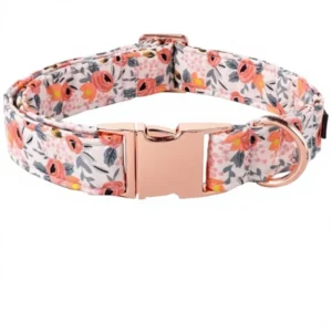 Custom Cute Floral Print Cotton Polyester British Style Pet Collar for Dogs and Cats with Metal Buckle and Laser Engraved Design