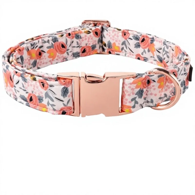 Custom Cute Floral Print Cotton Polyester British Style Pet Collar for Dogs and Cats with Metal Buckle and Laser Engraved Design