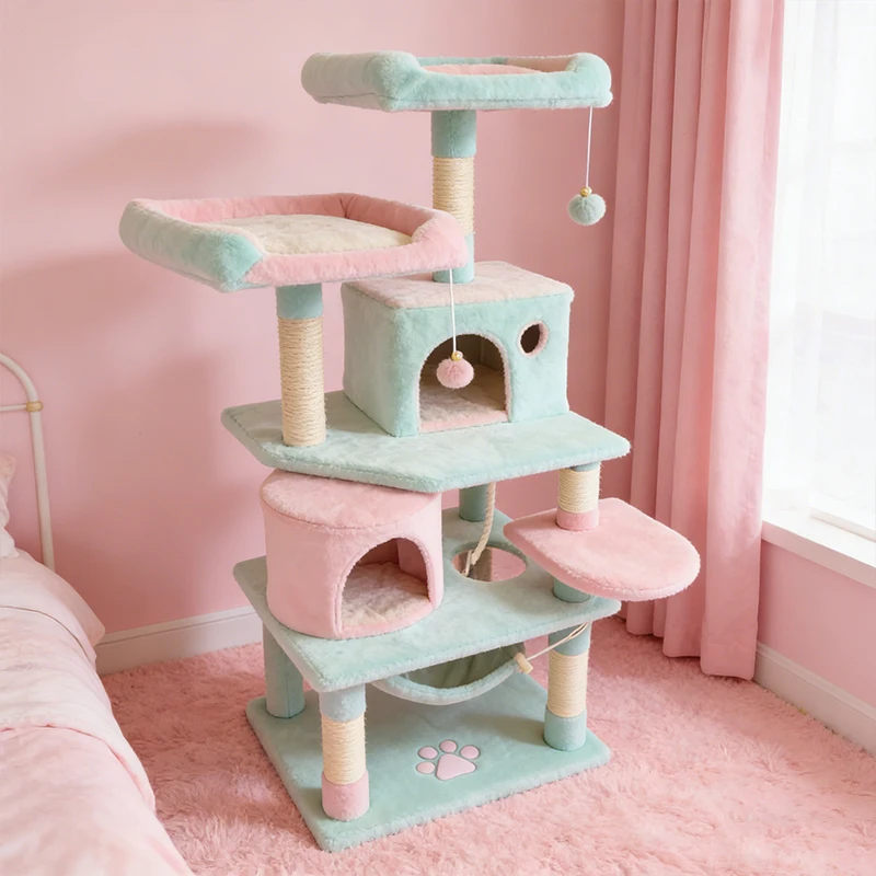 Custom Design Luxury Modern Indoor Multi Functional Plush Toy Toy Wooden House Cat Scratcher Tree Cat Tower