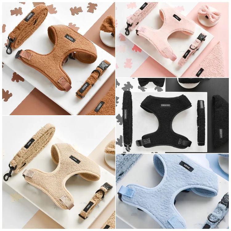Custom Dog Cat Harness with Leash Collar Pet Products Personalized Soft Warm Fleece Soft Plush Dog Harness Vest