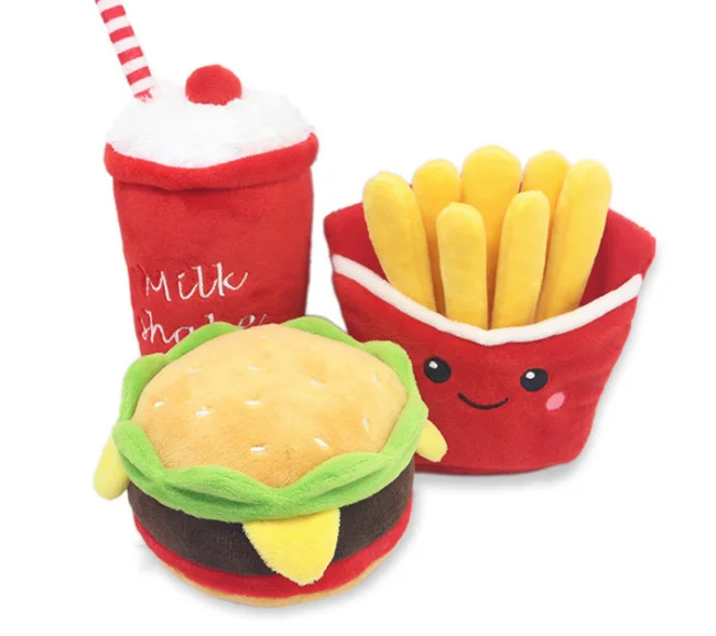 Custom Dog Chew Toys China OEM Food Hamburger Sandwich French Fries Pet Toys Plush Squeak Toys for Chewer