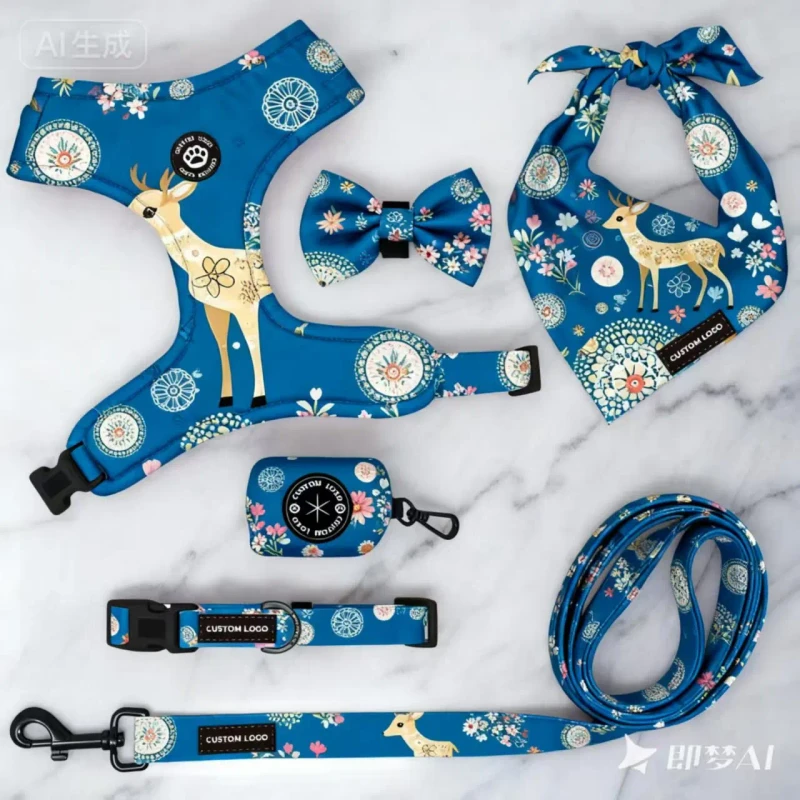 Custom Dog Harness Collar Leash Set Padded No Pull Adjustable With Poop Bag Holder Bandana Bow Tie
