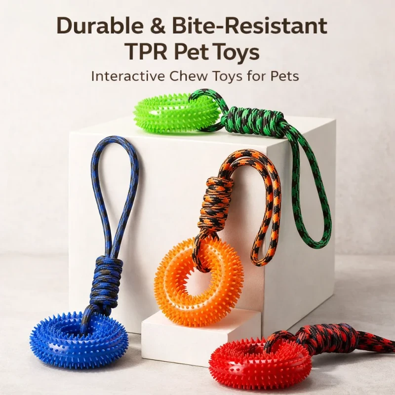 Custom Doughnut Shape Dog Squeaky Toy Spiked TPR Ring with Rope Pet Chew Toys Teeth Cleaning Interactive Training Toy for Dogs