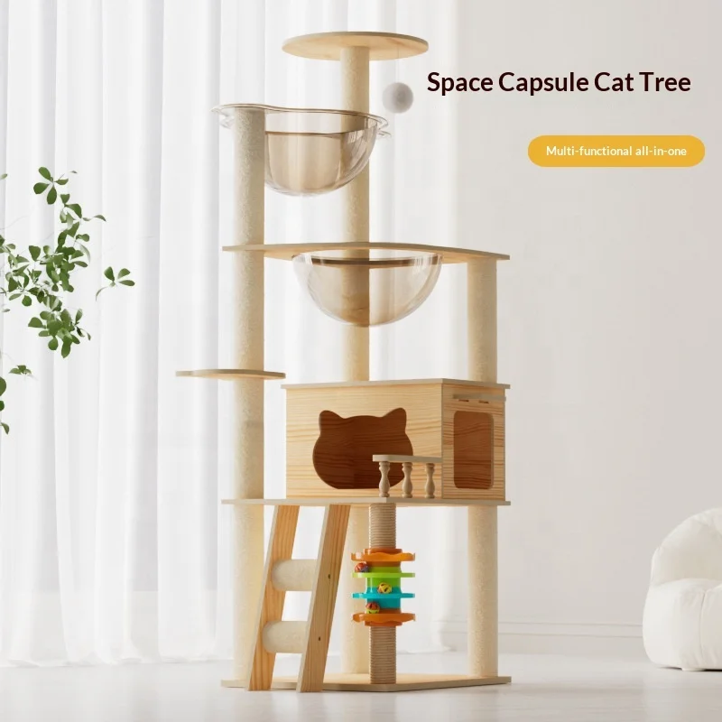 Custom Eco friendly Cat Climbing Trees with Scratching Post Large Integrated Wooden Cat House