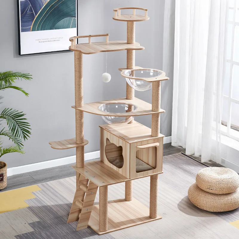 Custom Eco-friendly Cat Climbing Trees with Scratching Post Large Integrated Wooden Cat House