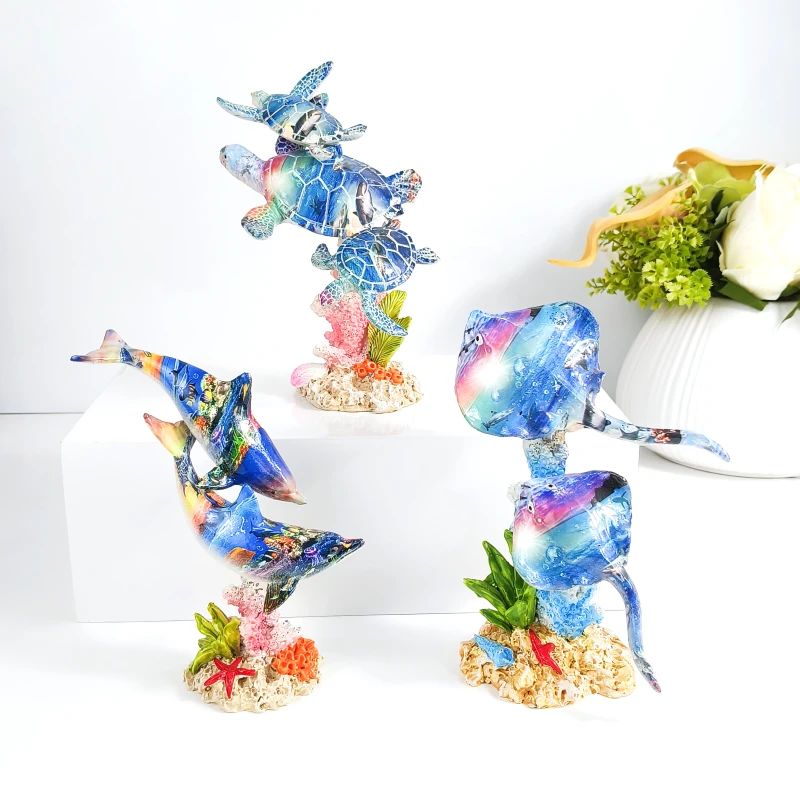 Custom Eco friendly Resin Marine Animal Angel Figurines Sea Turtle Dolphin Manta Ray Aquarium Theme Home Decor