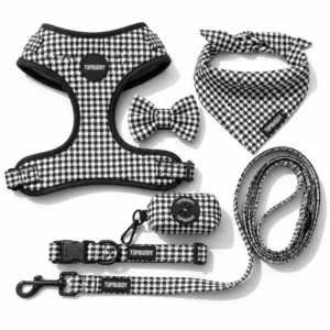 Custom Fashion Geometric Print Pet 6 in 1 Set Dog Harness Leash Collar Bandana Bowtie Poop Bag Holder Free Design