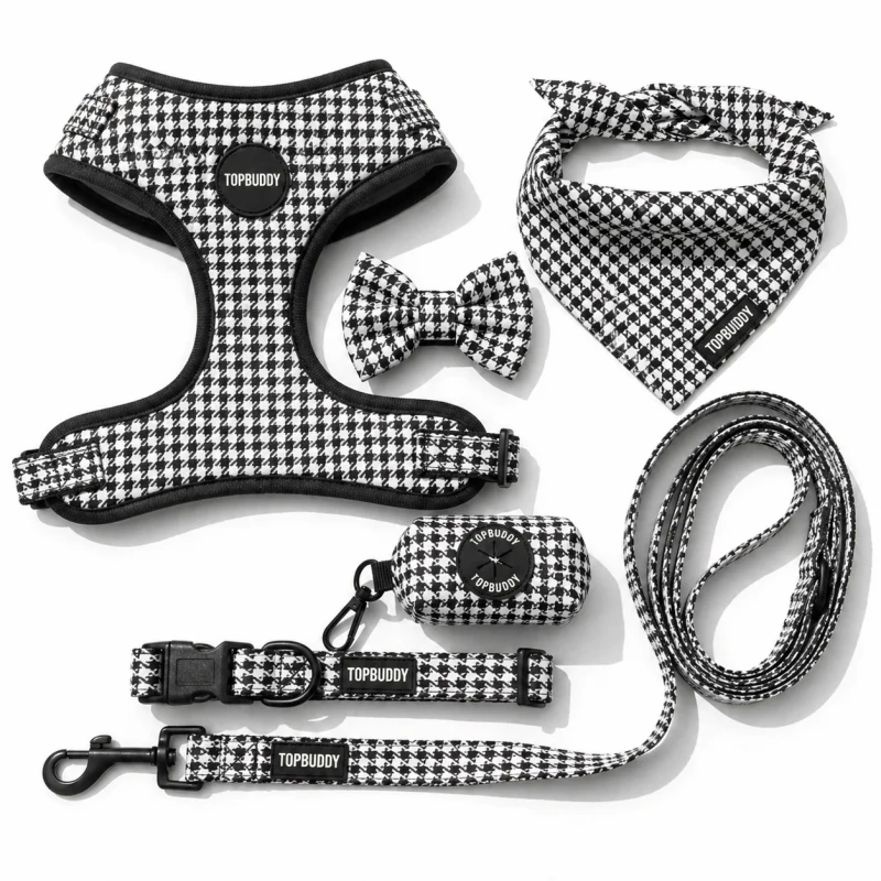 Custom Fashion Geometric Print Pet 6 in 1 Set Dog Harness Leash Collar Bandana Bowtie Poop Bag Holder Free Design