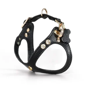 Custom Genuine Leather Pet Harness Set Luxury Design Rhinestone+Metal Hardware for Small/Medium Pets