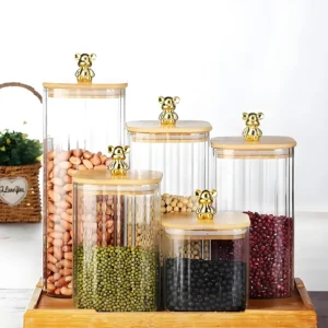 Custom Glass Jar Ribbed Vertical Stripes Square Food Container Set Jar Glass With Bear Lid Kitchen Storage Containers Glass Jars