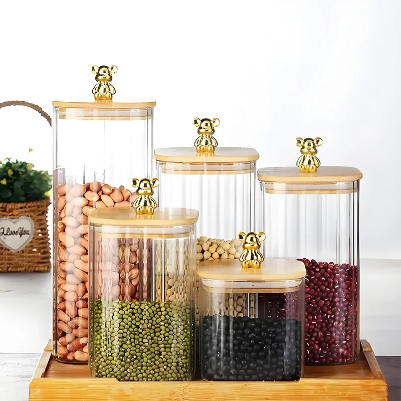 Custom Glass Jar Ribbed Vertical Stripes Square Food Container Set Jar Glass With Bear Lid Kitchen Storage Containers Glass Jars