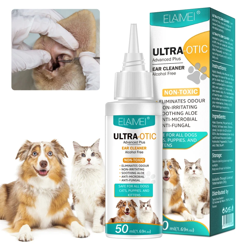 Custom Logo 50ml Pet Grooming Ear Care Infection Treatment Drops Ultra OTIC Liquid Ear Cleaner for Dogs Cats Puppies and Kittens