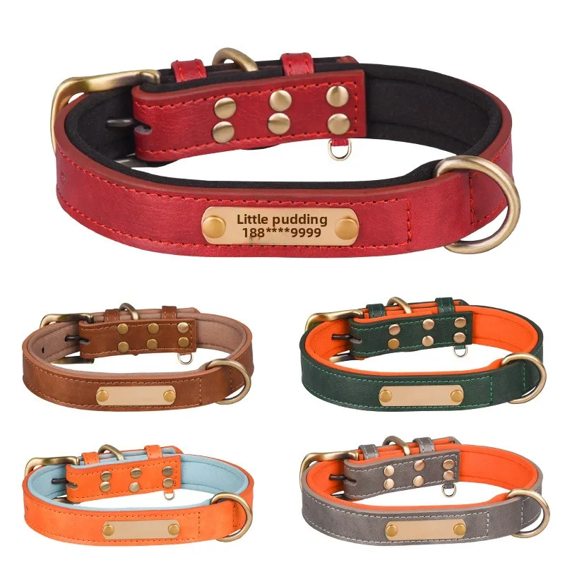 Custom Logo Heavy Duty Collar Personalized Pet ID Name High Quality Cowhide Leather Luxury Other Pet Collars