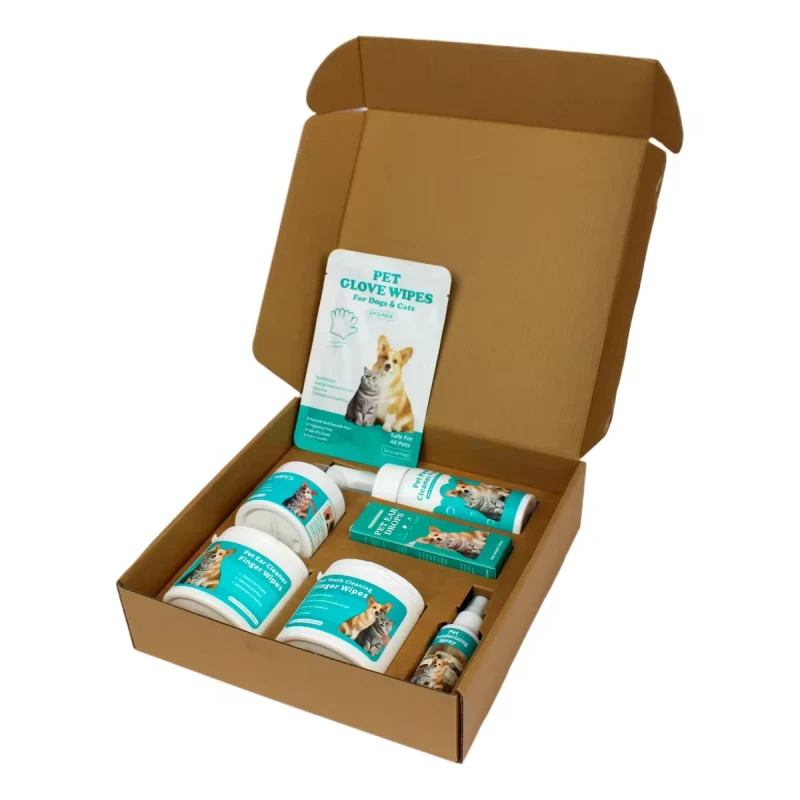 Custom Logo Pets Grooming Kit Moisturizing Care Ears Eyes Teeth Paws Cleaning Wet Wipes Pet Cleaning Gift Box for Dogs and Cats
