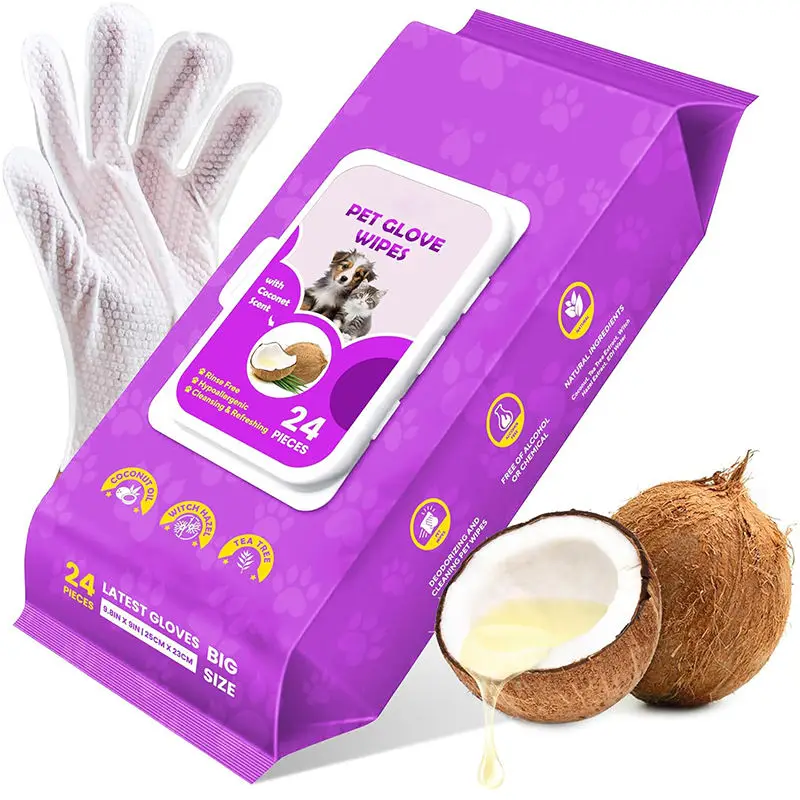 Custom Logo Rinse Free Hypoallergenic Deodorizing Dog Gloves Wipes Pet Cleaning Bathing Wipes