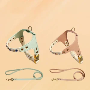 Custom Logo Waterproof Pet Harness PU Leather Cat Dog Harness and Leash Set With Rhinestone