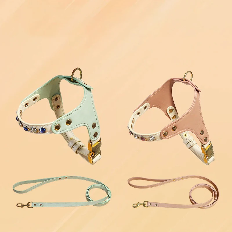 Custom Logo Waterproof Pet Harness PU Leather Cat Dog Harness and Leash Set With Rhinestone