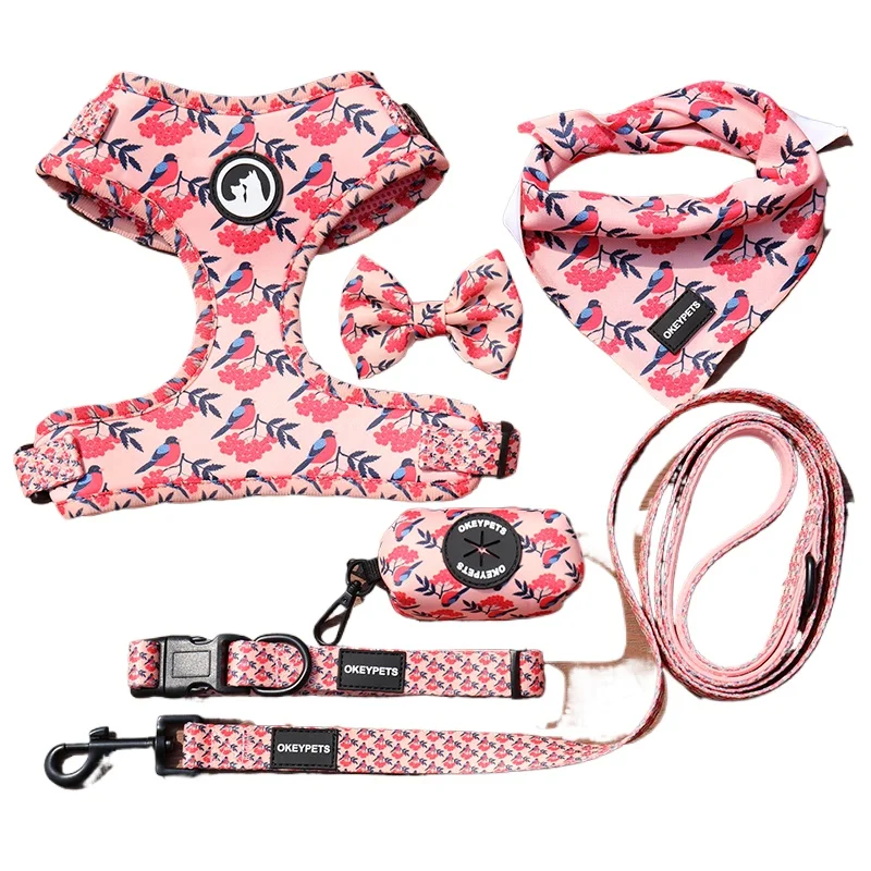 Custom Luxury Fashion Button Puppy Leash Collar Adjustable Pet Poop Bag Bandana Reversible Breathable Neoprene Polyester Dog