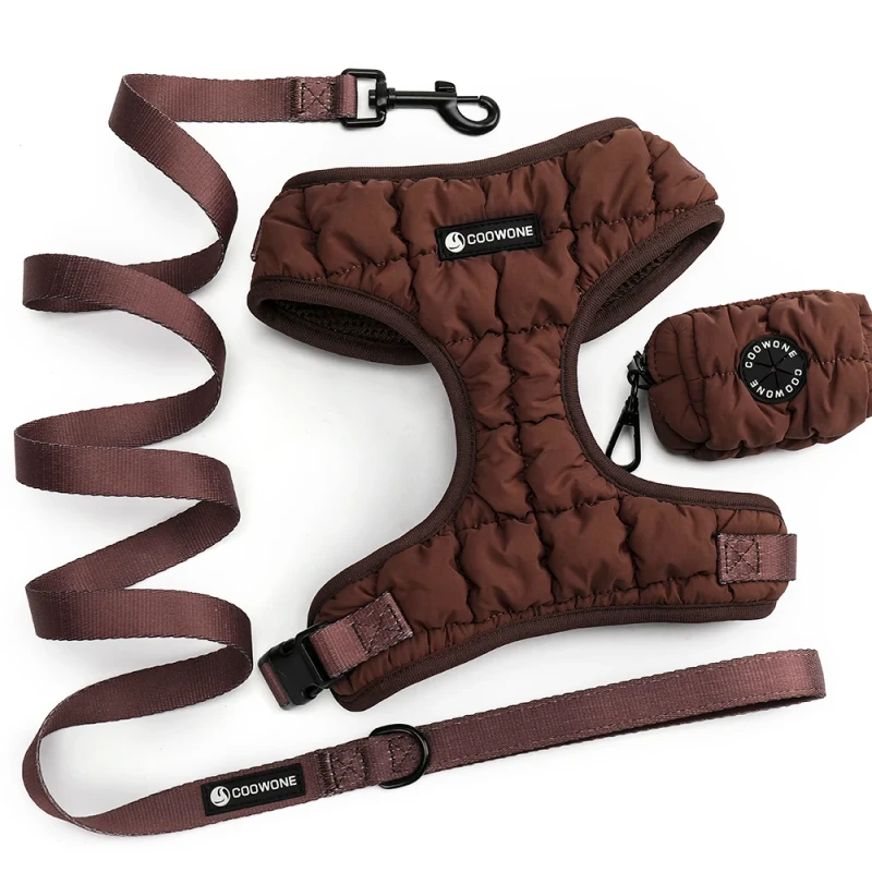 Custom Luxury Poop Bag Holder Brown Puffer Quilted Soft Adjustable No Pull Dog Harness Vest Puppy Dog Harness Leash Set