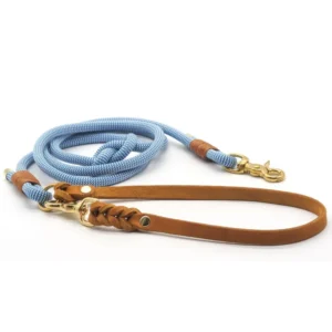 Custom Luxury Simple Heavy Duty Nylon Rope Dog Leash Hand Woven Leather Handle Solid Brass Hooks Durable Walking Hiking