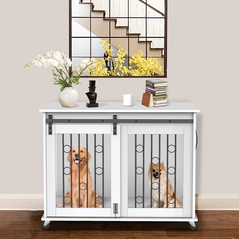 Custom Luxury Wooden Pet Kennel End Table, Dog Crate Furniture With Slide Tray, Wood Pet Houses and Furniture