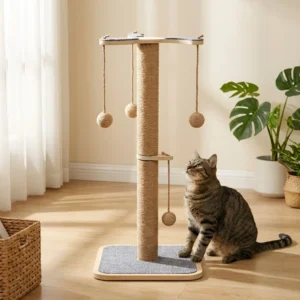 Custom Modern Wood Cat Tree Tower House Sisal Cat Scratcher with Hanging Ball for Indoor Cats Packaged in Carton