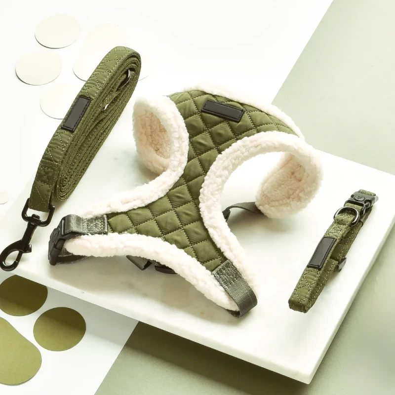 Custom Personalized Logo Design Luxury Puppy Dog Harness and Leash Collar Set Adjustable Soft Quilted Nylon Wool RIBBONS