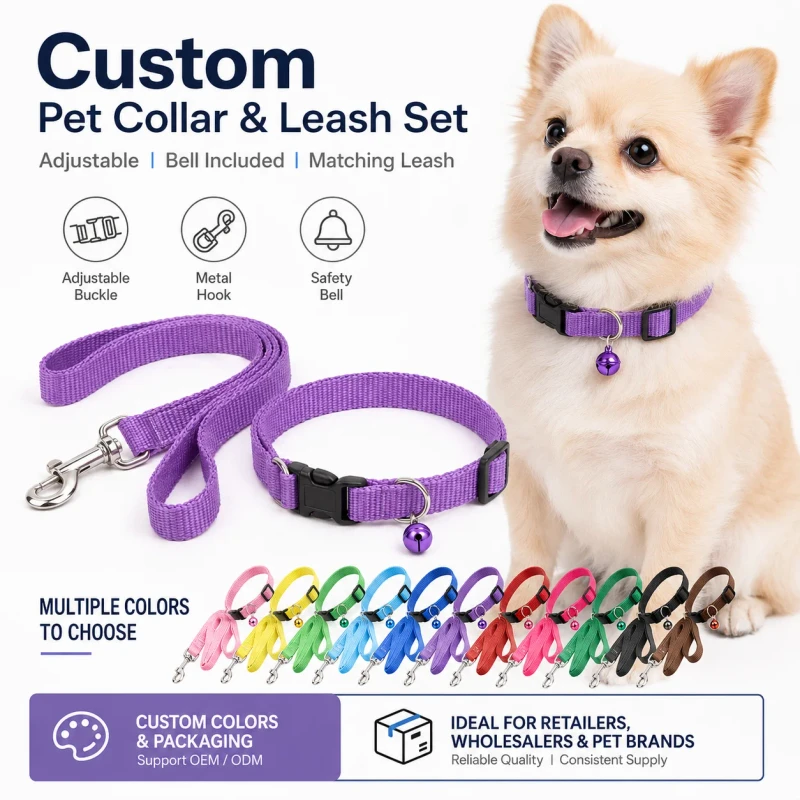 Custom Pet Collar & Leash Set Adjustable Nylon Collar with Safety Bell and Matching Leash for Small Medium Dogs