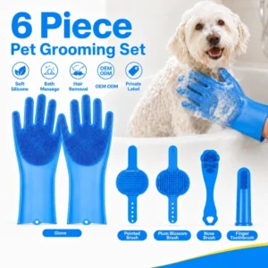 Custom Pet Grooming Gloves Set Six Piece Silicone Bath Brush Hair Remover Massage Tools for Dog Bath Time Cleaning