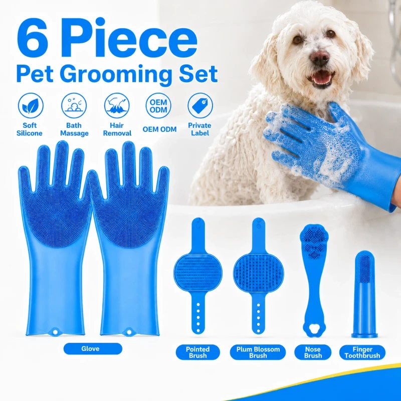Custom Pet Grooming Gloves Set Six Piece Silicone Bath Brush Hair Remover Massage Tools for Dog Bath Time Cleaning