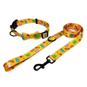 Custom Printed Adjustable Floral Luxury Nylon Dog Collar Dog Leash and Reversible Harness Set with Dog Poop Bag