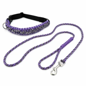 Custom Purple Braided Paracord Dog Collar Leash Set Heavy Duty Adjustable Pet Walking Rope for Dogs