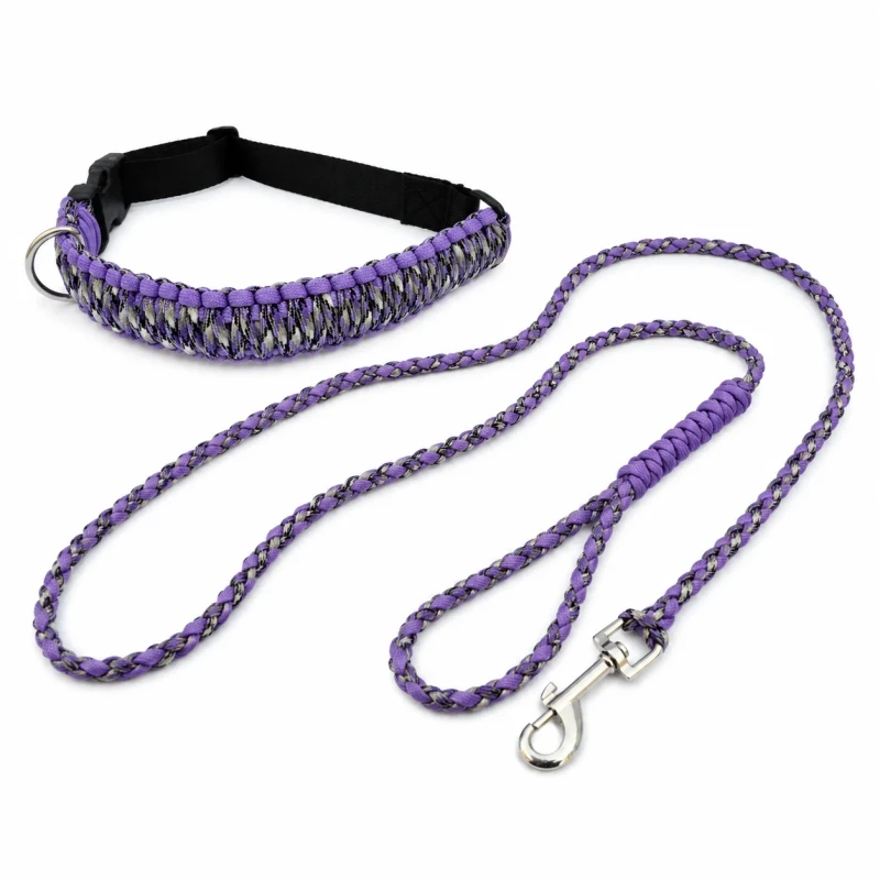 Custom Purple Braided Paracord Dog Collar Leash Set Heavy Duty Adjustable Pet Walking Rope for Dogs