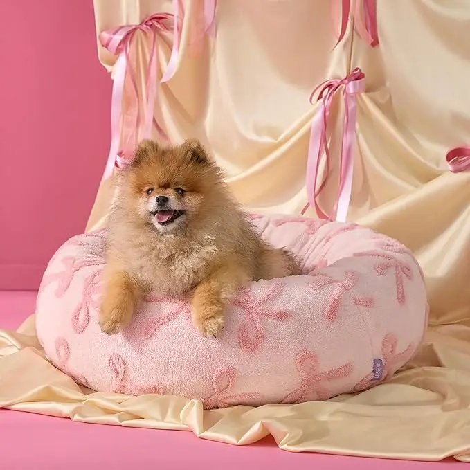 Custom Round Jacquard Shaggy Plush Pet Bed with Anti Slip Bottom Cute Modern Cat and Dog Calming Sleep Beds