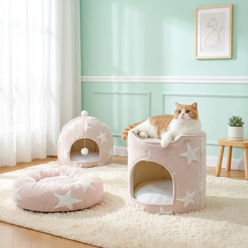 Custom Round Soft Cotton Cat Bed Anti Slip Enclosed Pet Cave Washable Durable Cat House for Cats Small Dogs Pet Products