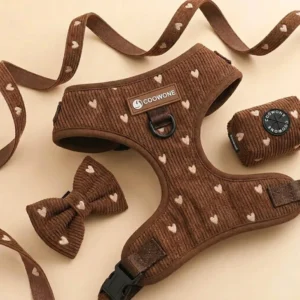 Custom Small Size Corduroy Heart Embroidered Dog Leash and Harness Set No Pull Soft Padded With Poop Bag Holder