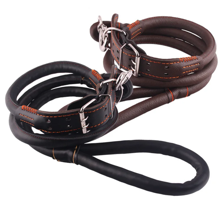Custom Soft Genuine Leather Pet Rope Dog Leash Collar Vegan Leather Small Large Dog Leash Lead and Collar for Safety
