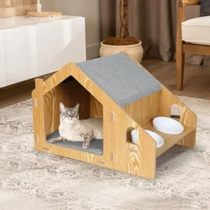 Custom Solid Pattern Wooden Pet House with Raised Feeder Indoor Cat Furniture and Small Cat Dog Soft Pad Doghouse
