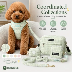 Custom Tweed Dog Harness with Bag Luxury Premium Dog Harness Collar Leash Set for Small Medium Dogs Manufacturer