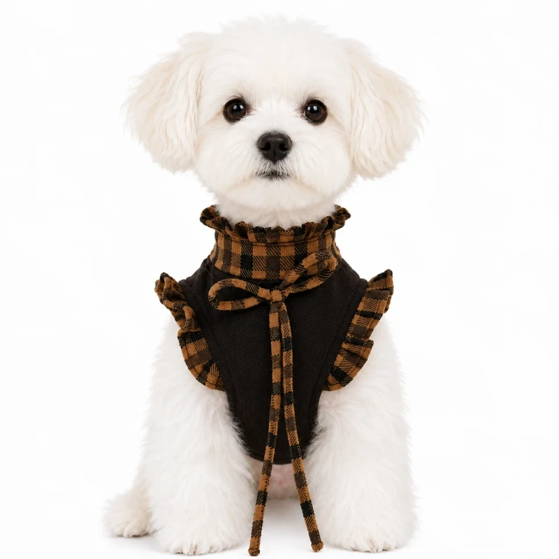 Custom Vintage Plaid Ruffle Pet Harness Dress for Small Dogs and Cats Autumn Pet Clothes with Leash Hole